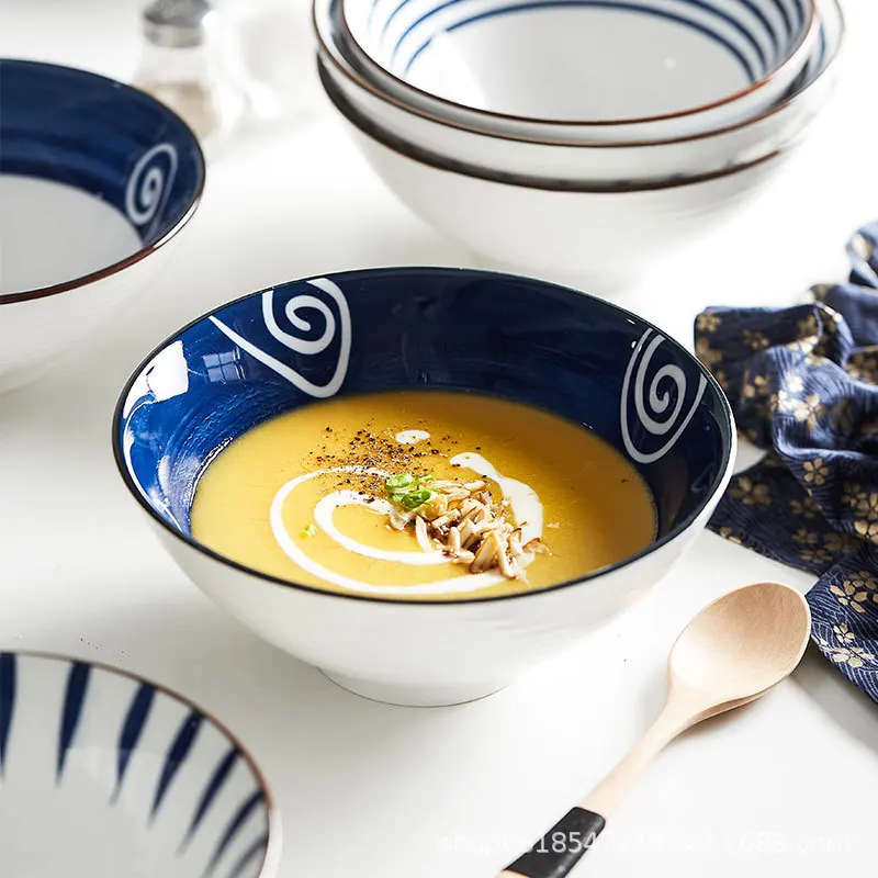 Japanese Ceramic Noodle Soup Large Bowl Household Beef Noodle Rice Bowl Retro Fruit Salad Tableware Kitchen Restaurant Hot