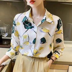 Women Spring Korean Fashion Loose Printing Turn-down Collar Long Sleeve Shirts Women Clothes Casual All-match Appear Thin Tops