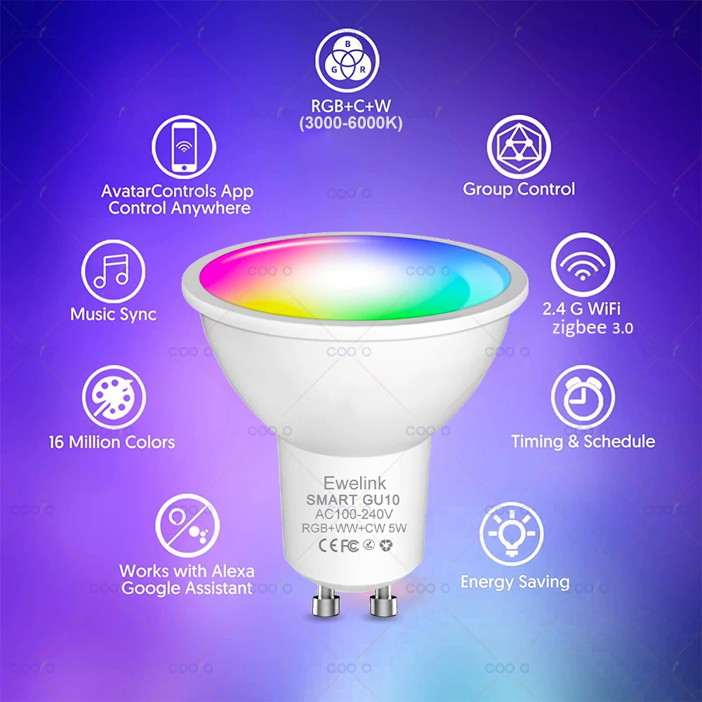 Lâmpada LED inteligente regulável, ZigBee GU10, WiFi, RGB, C + W, 5W, Controle APP EWelink, Lâmpada Spotlight, Funciona com Alexa, Google