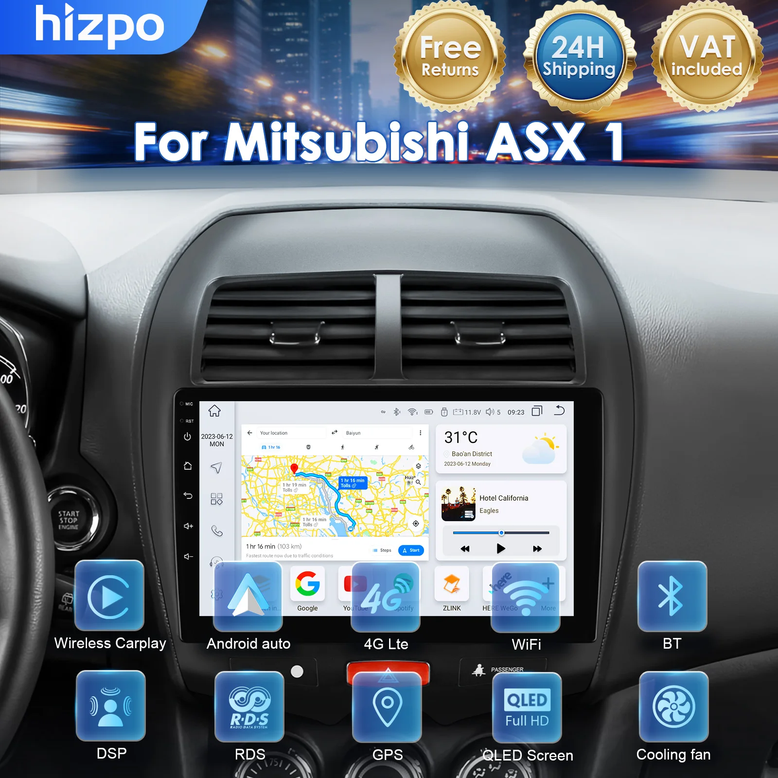 Hizpo Autoradio Multimediale 8 Core per Mitsubishi ASX 1 2010-2018 con Carplay, Android, Navigazione Video, Radio, Unità Principale 4G DSP e Controllo Vocale AI