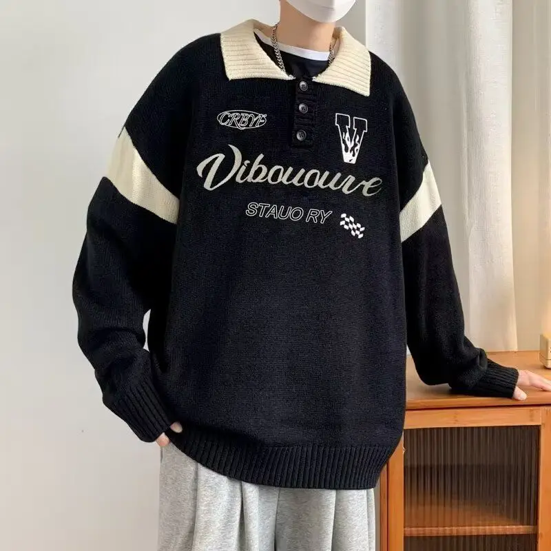 الأمريكية الرجعية عادية V-ne محبوك سترة الرجال لون نقي ملابس خارجية طويلة Sve فضفاضة تناسب الشباب Sle ألياف البوليستر #3