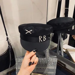Designer Net Red Rhinestone Letters RB Satin Navy Hat Casual Breathable Pilot Hat Socialite Newsboy Cap Flat Top Cap