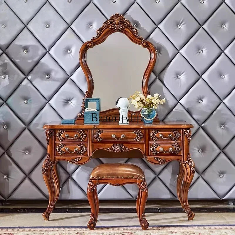 

56 European solid wood dresser American retro bedroom makeup table storage storage integrated with mirror