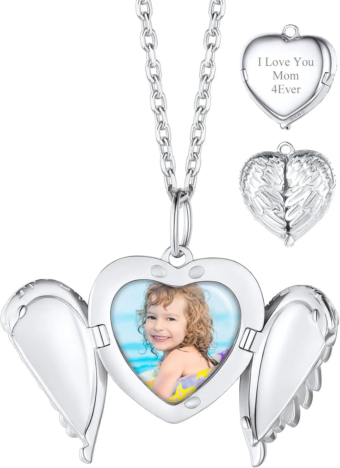 

Custom Angel Wing Locket Necklace Heart Lockets with Chain Personalized Memorial Jewelry Gifts for Mom
