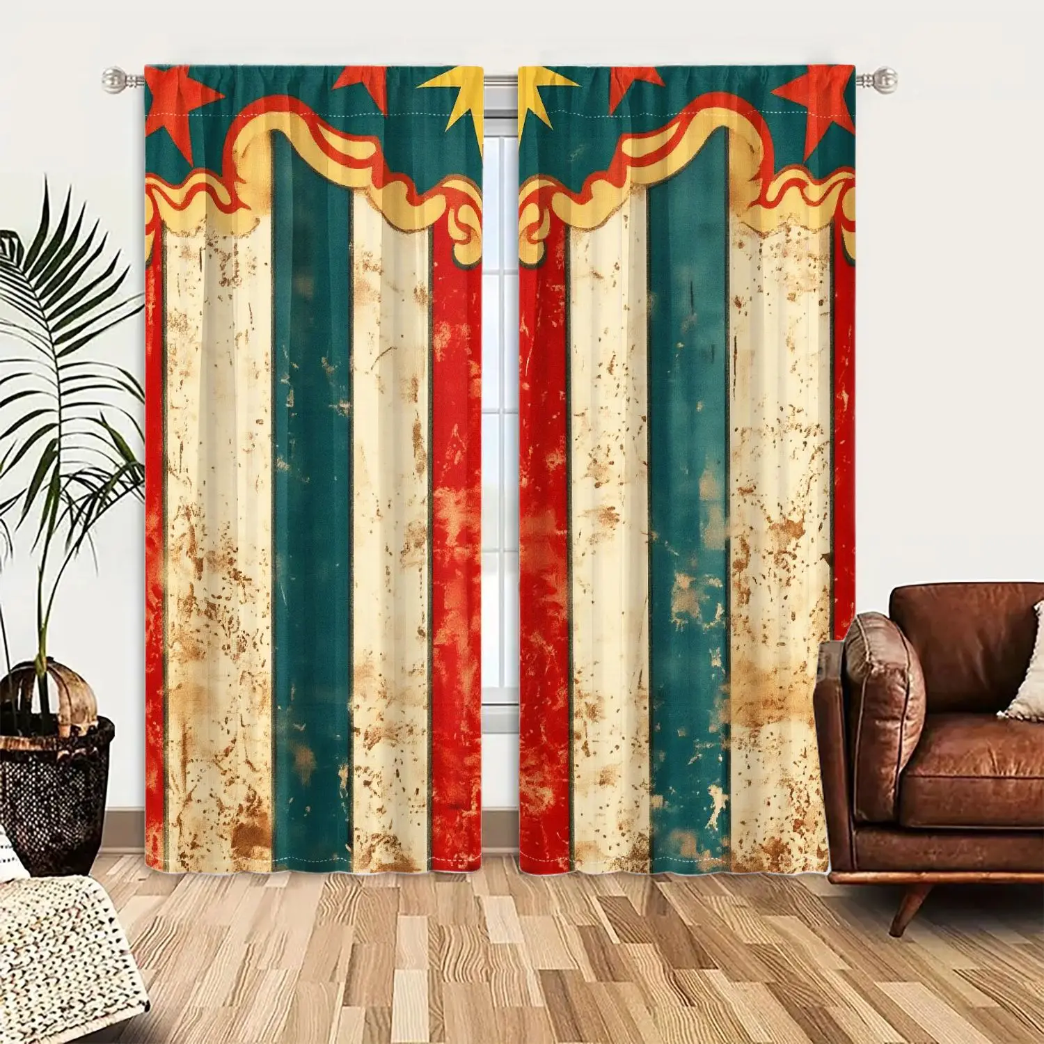 Retro Circus Curtains 2pcs – Distressed Vertical Stripes with Ornate Top Border Whimsical Window Decor for Bedroom and Game Room