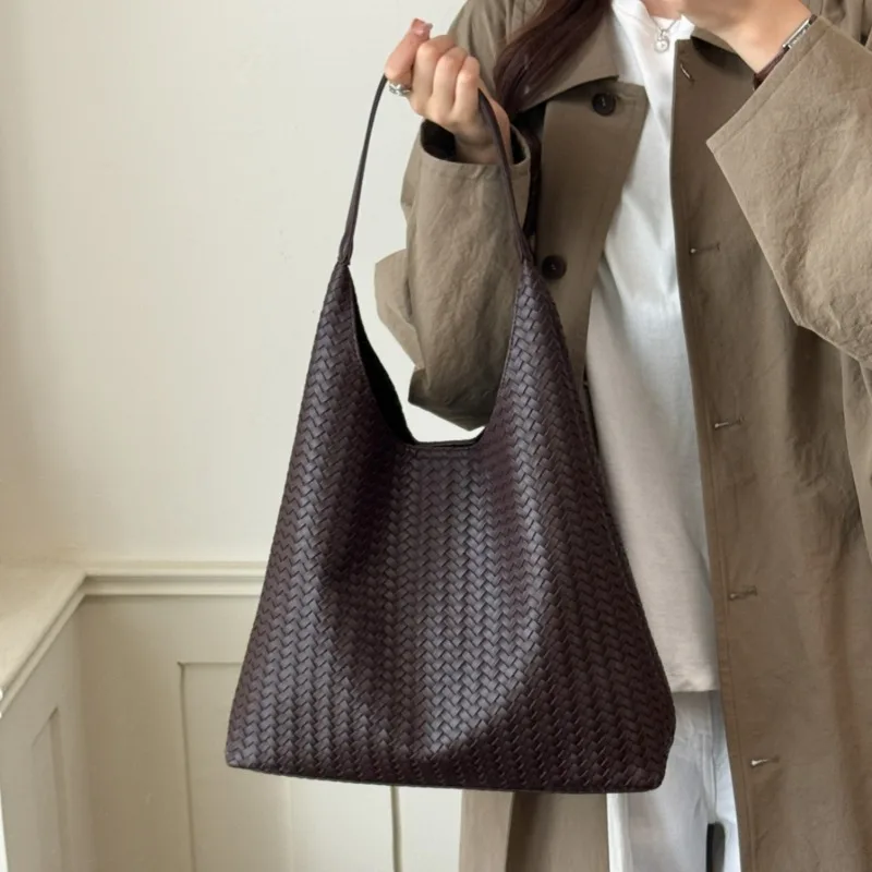 Minimalist Style Retro Woven Pattern Shoulder Mother Bag Large Capacity Checkered Tote Bag Underarm Commuting Bag for Women