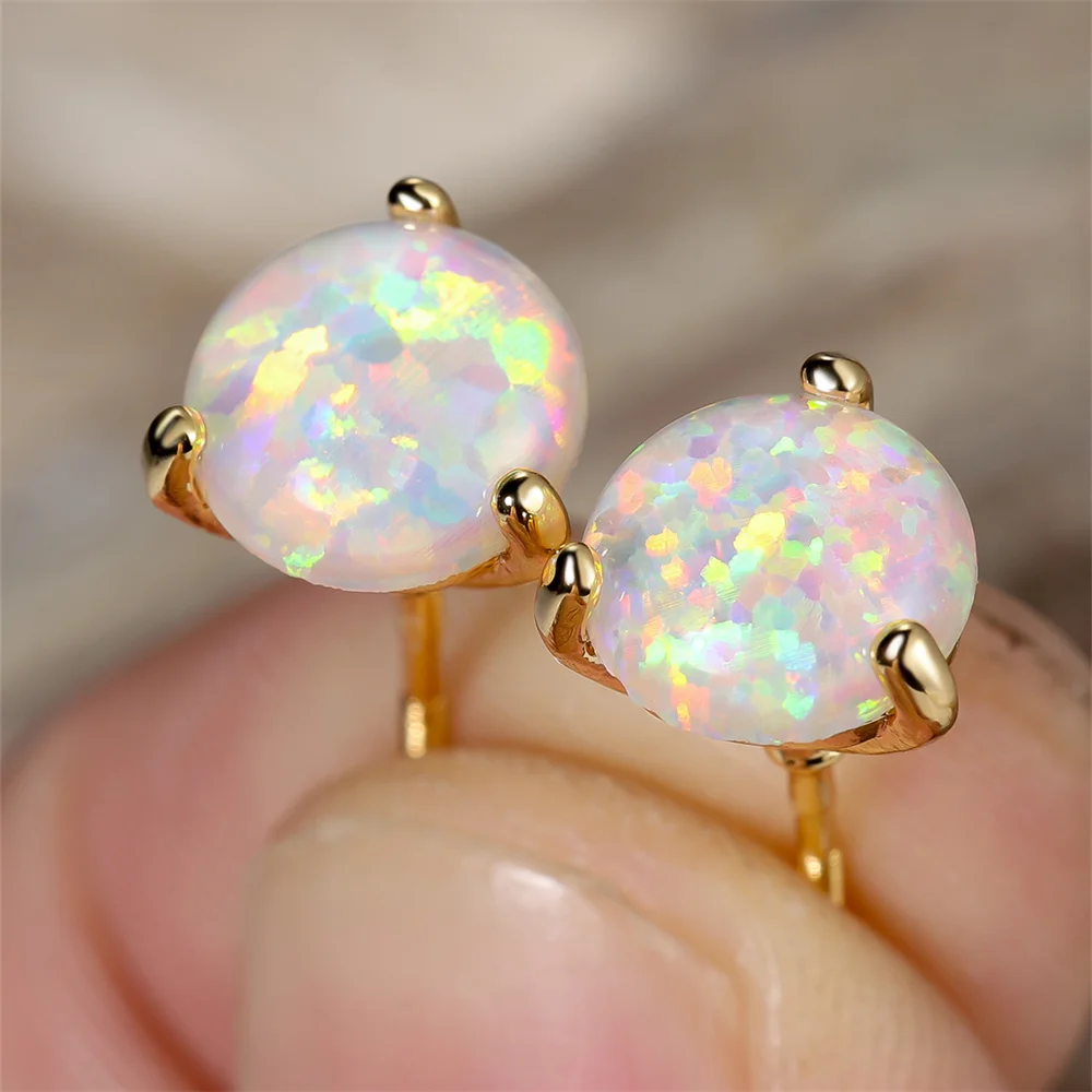 أقراط خلفية لولبية من الحجر المستدير للنساء ، مرصعة بعقيق أبيض ناري ، لون ذهبي عصري ، مجوهرات زفاف ، هدية بسيطة ، 6 * ، 7 * ، 8 * #1