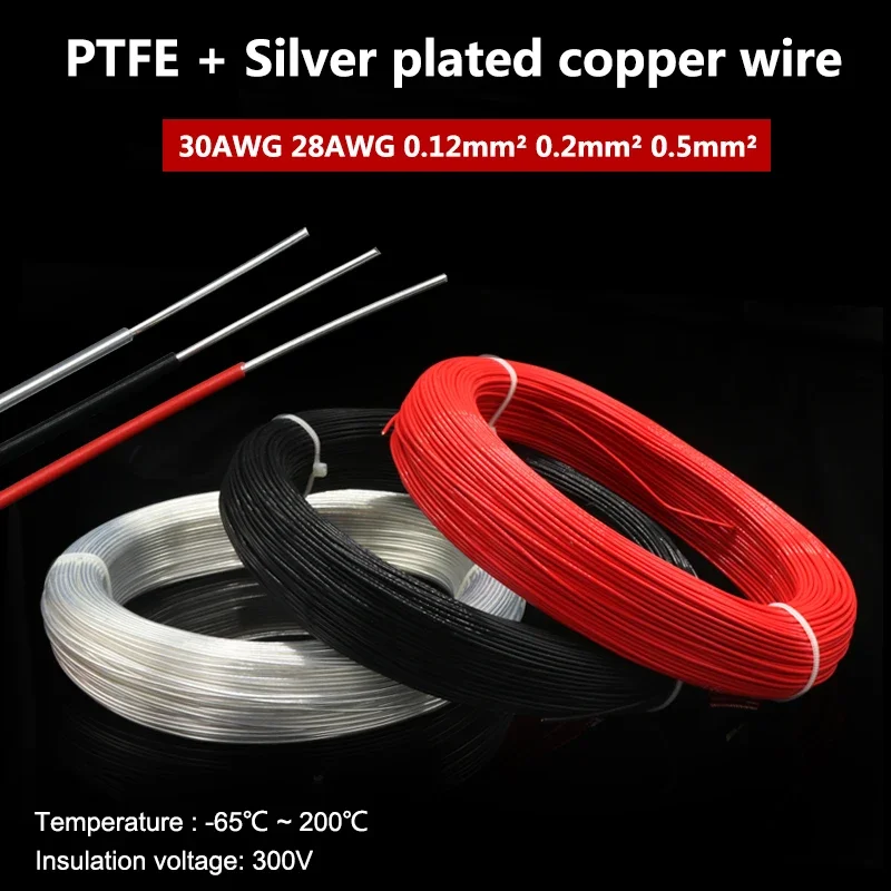 

1M 5-Colors Single Core Silver Plated Copper Wire Electrical Cable Wire PTFE Insulation Sheath 30AWG 28AWG 0.12mm² 0.2mm² 0.5mm²