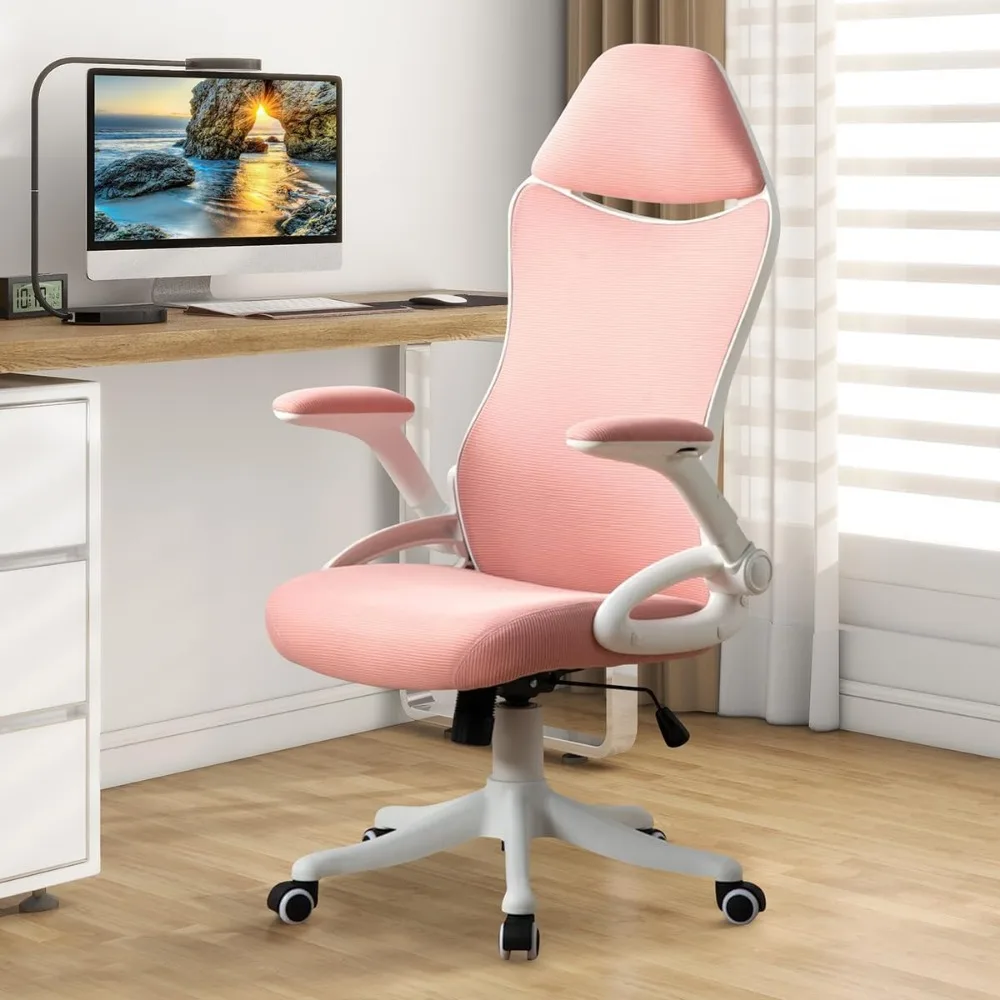 

Pink Ergonomic Office Desk Adjustable Lumbar Support and Flip-up Arms Computer Chair Armchair Swivel Comfortable Furniture