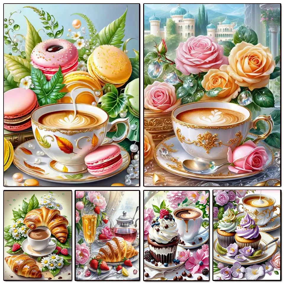 Ramo de pintura artística de diamante 5D, pan, pastel, café, mosaico con incrustaciones, florero de rosas, naturaleza muerta, decoración del hogar, punto de cruz, decoración de pared DIY