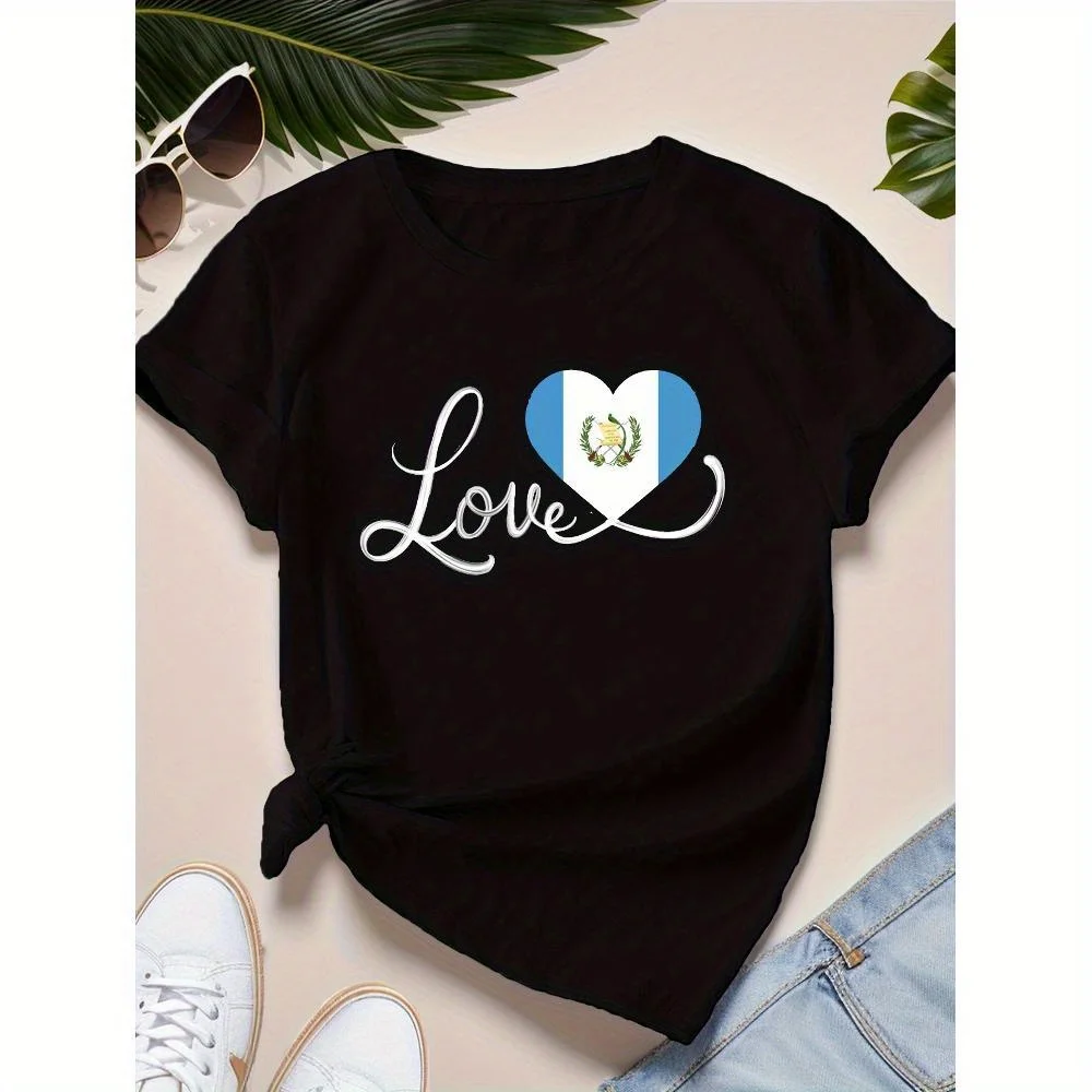 T-shirt graphique d'amour drapeau du Guatemala 100 % confortable pour femme – Col rond décontracté, T-shirt à manches courtes avec motif de cœur patriotique