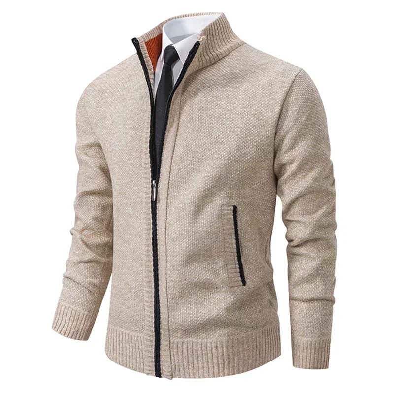 Autumn And Winter New Jersey Men\'s Casual Sports Coat Solid Color Stand Collar Wweater Grab Fleece Warm Zipper Cardigan