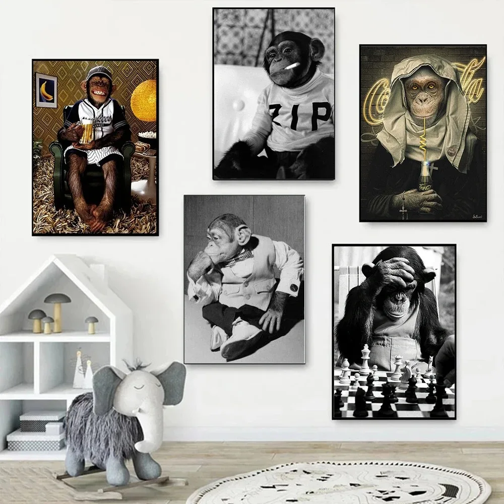 Funny Crime Monkey On The Wall Art Painting King Kong Wearing A Suit Smoking Drink Coke Poster Printed On Canvas for Living Room