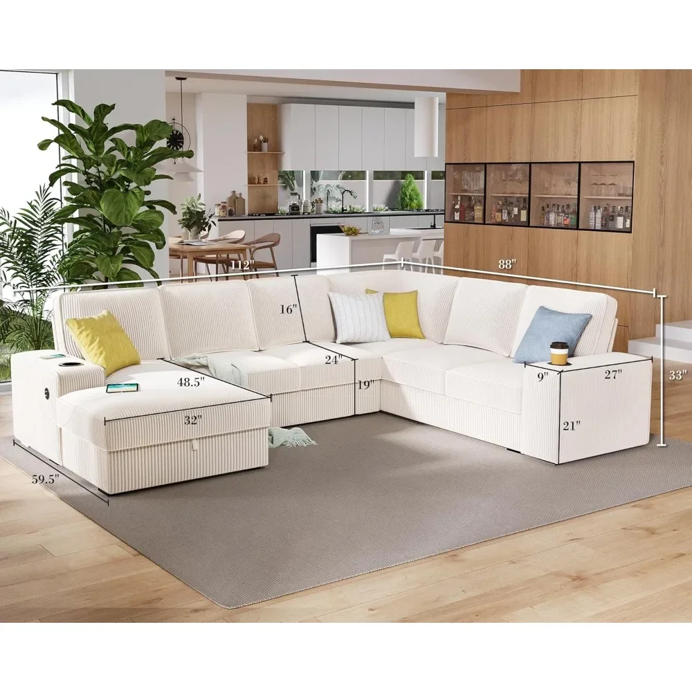 U Shaped Sofa Couch with Storage Chaise, Sectional Sofa Couch with USB Ports & Cup Holder, Corduroy