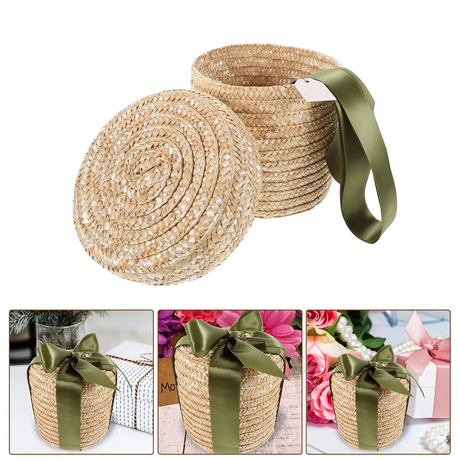 

1Set Vintage Woven Gift Basket Rustic Straw Storage Basket Round Flower Box Handmade Seagrass Container for Gifts Home Decor