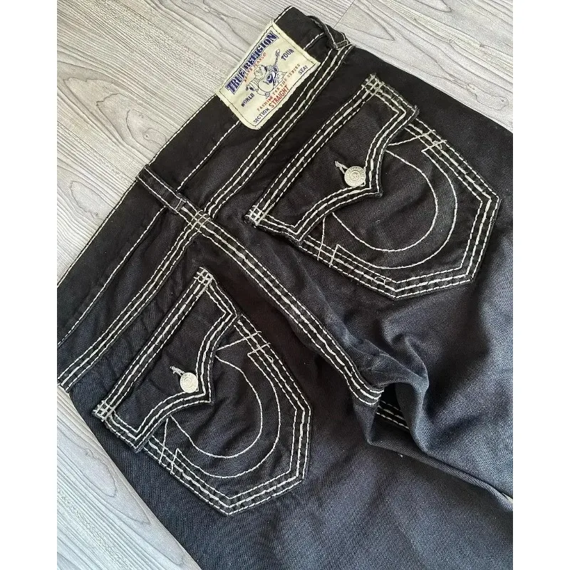 Y2k nova verdadeira religião cintura alta super t bootcut queimado jeans rua denim calças harajuku cintura alta perna reta perna larga jeans