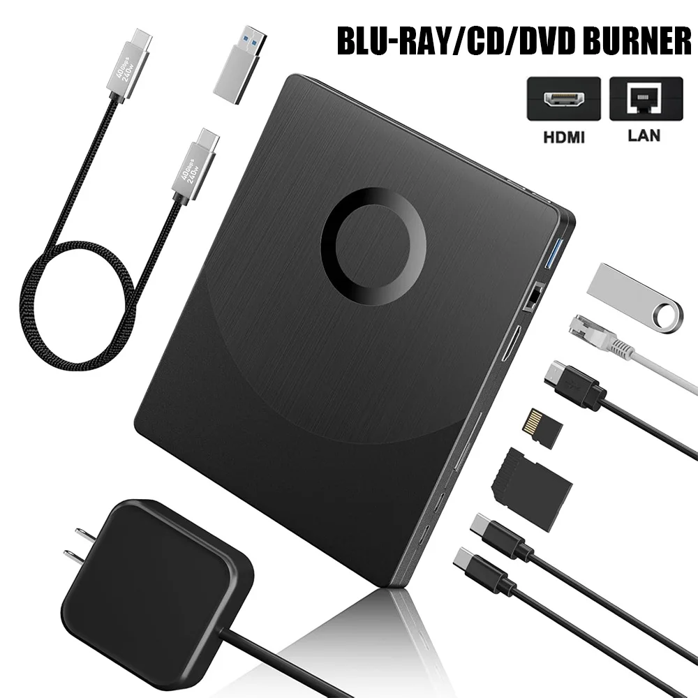 

8 in 1 External Blueray/CD/DVD Drive for PC Laptop,Support 100G Bluray Disc Burner with HDMI/LAN/USB 3.0 Ports, Blu-ray Player