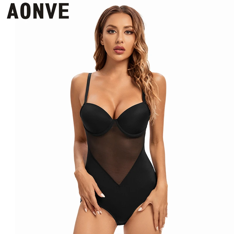 

AONVE See-through Mesh Bodysuit Shapewear Women's Binders and Shapers With Cup Slimming Sheath Waist Trainer Push Up Underwear