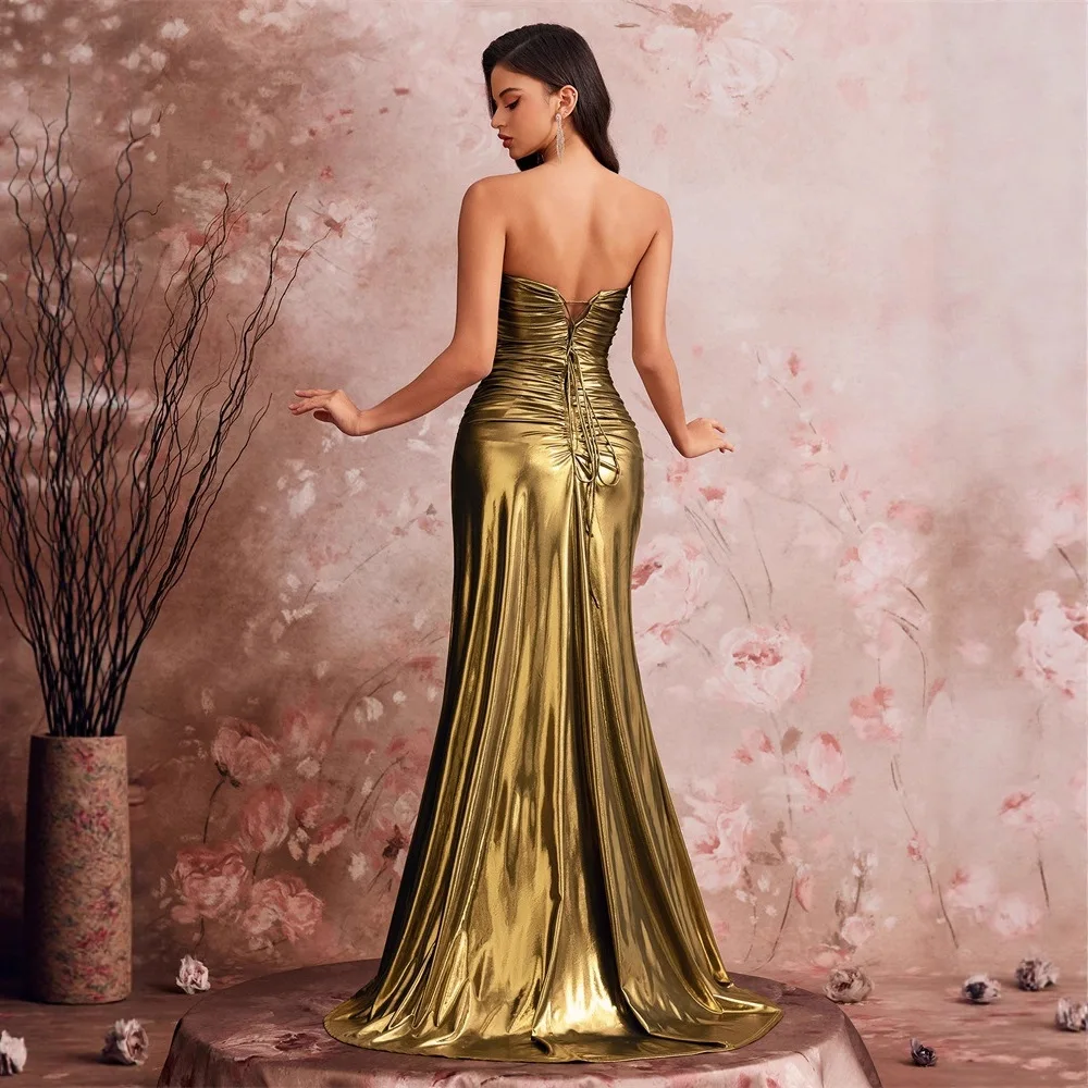 파티와 연회를 위한 우아한 이브닝 가운, 피쉬 스레드 플리츠 디자인, 로우 웨이스트 라운드 넥 실크 원단, 중국 디자인