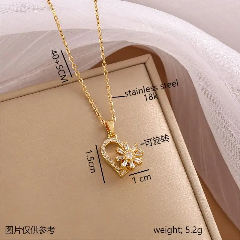 ニッチデザイン回転フラワーハート型ネックレス、女性用、本物の金メッキペンダント、鎖骨チェーン