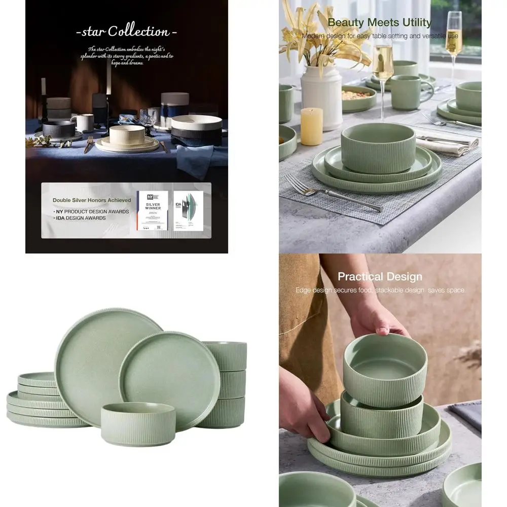 Ribbed Stoneware Dinnerware Set, 4-Piece Plates and Bowls, Matte Sage Green, Microwave & Dishwasher Safe