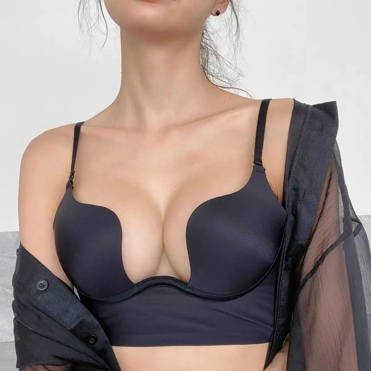 

Black Plus Size Deep U Bra Top Women Push Up Brassiere Thick Padded Seamless Sexy Underwear Invisible Backless Lingerie A B C D