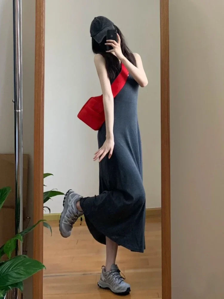 

Платье на тонких бретельках, женское летнее корейское однотонное платье для уличного клуба, элегантный популярный шикарный сарафан в стиле Харадзюку, милый сексуальный повседневный вечерние