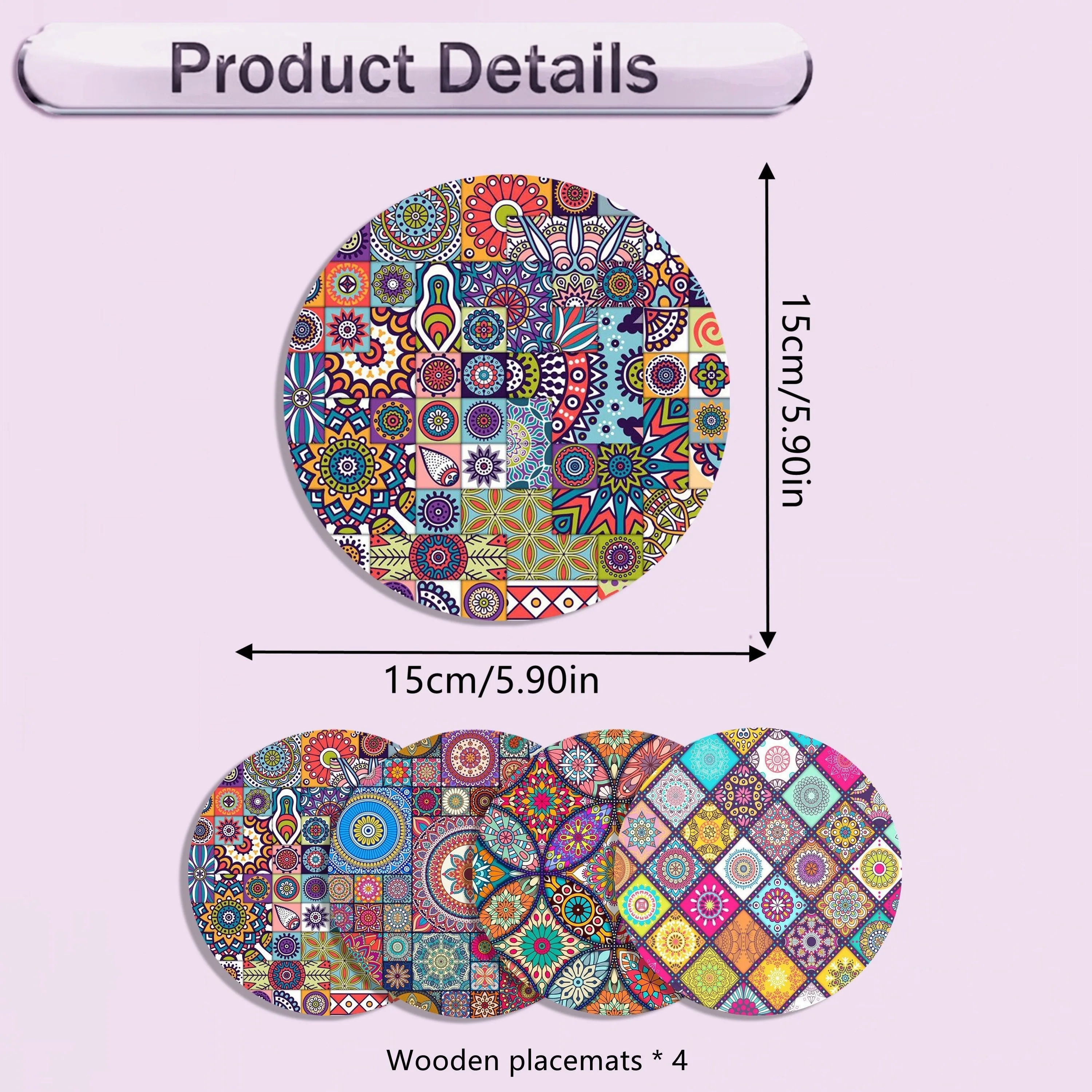4 Stück Boho Mandala Diatomit-Tischsets, runde, hitzebeständige, saugfähige Untersetzer, rutschfeste, schnell trocknende Tischuntersetzer für heiße Töpfe, K – Detail 3