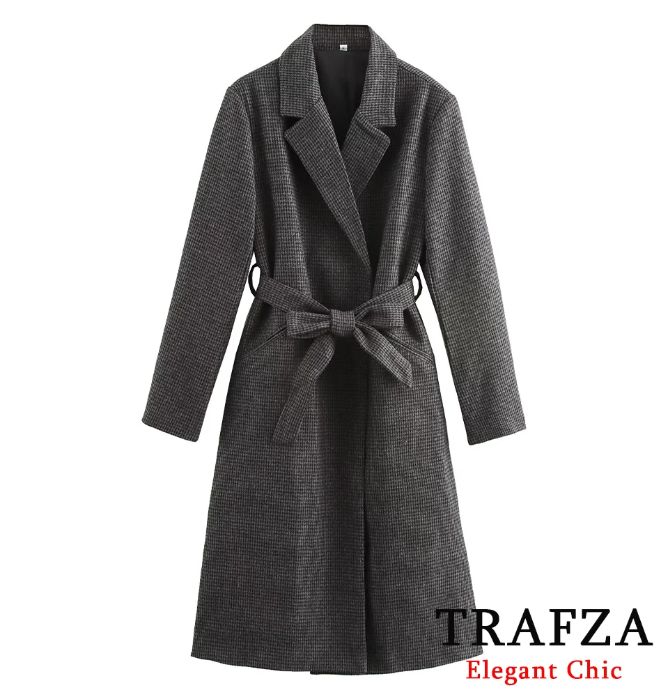 

TRAFZA-Women Elegant Lace-up Coat Lapel Belted Plaid Long Coat New 2024 Fashion Fall Winter Casual Commuter Slim Long Coat