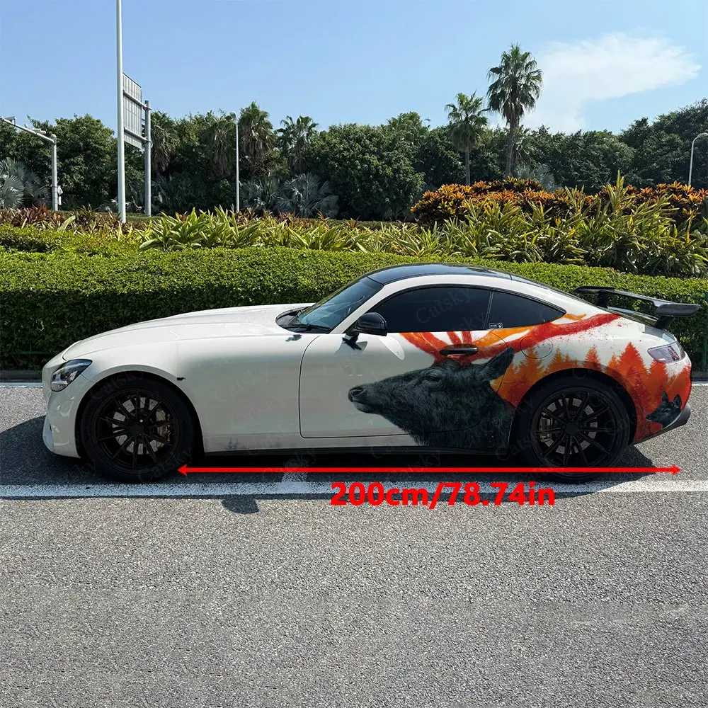 2pcs Splatter Ink Forest Reindeer Car Side Wraps, Self-Adhesive PVC Waterproof & Scratch-Resistant Stickers, Car Accessory Gift