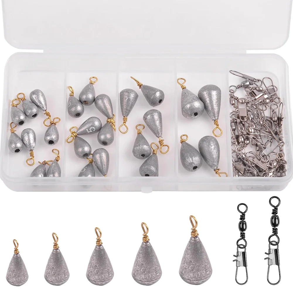 

50Pcs/Box Fishing Weights Sinkers Kit Drop Shot Weight Bass Casting Sinker Fishing Barrel Swivel with Safety Snap Hook Connector