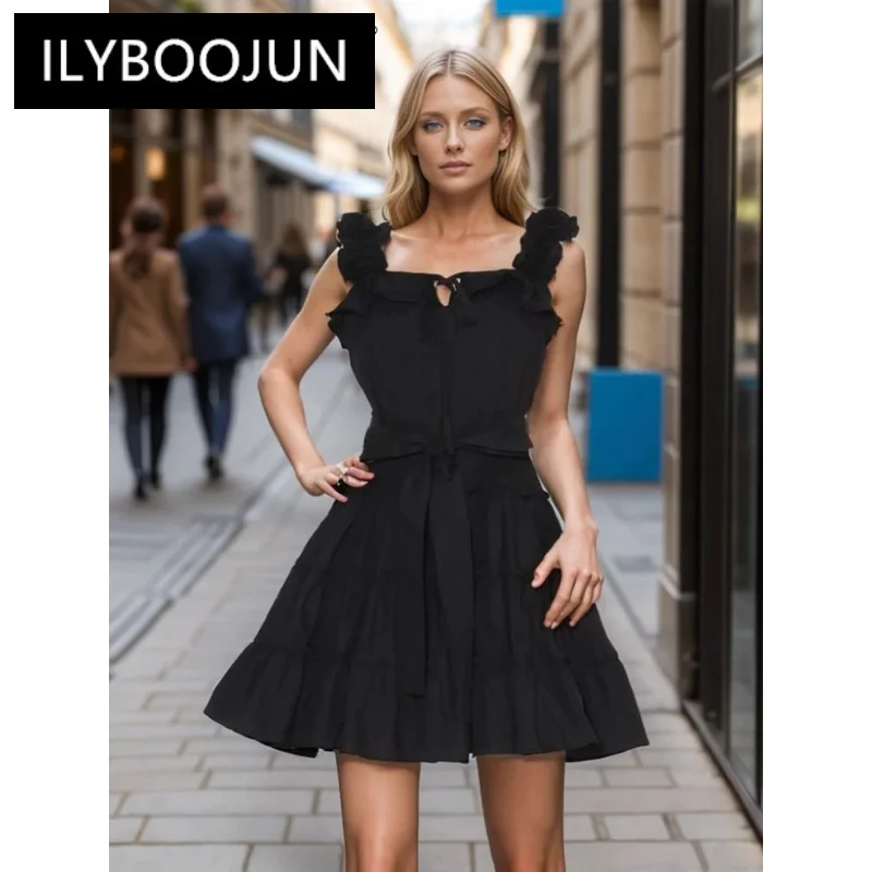 

ILYBOOJUN Solid Spliced Appliques Mini Dress For Women Square Collar Sleeveless High Waist Patchwork Lace Up Dresses Female