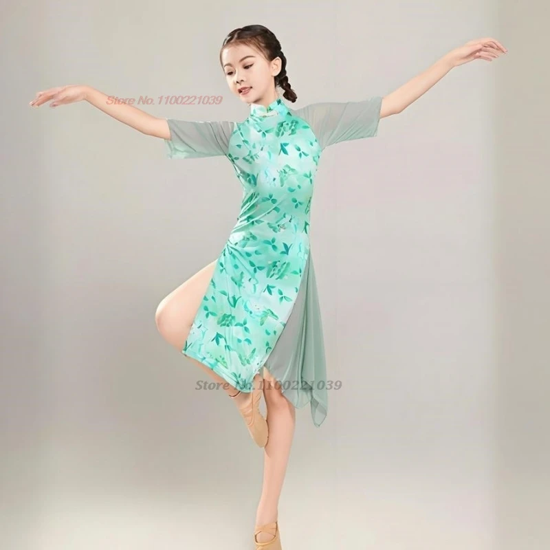 

2025 chinese dance qipao dress costume traditional flower print patchwork mesh dress girl stage performance training exercise