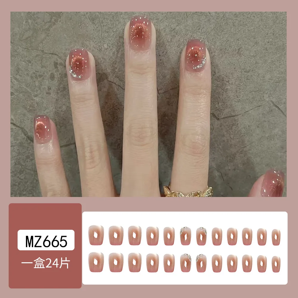 

24pcs Pink Cat Eye Press-On Nails with Delicate Starry Sky & Rhinestone Accents, Short Oval Shape, Assorted Sizes