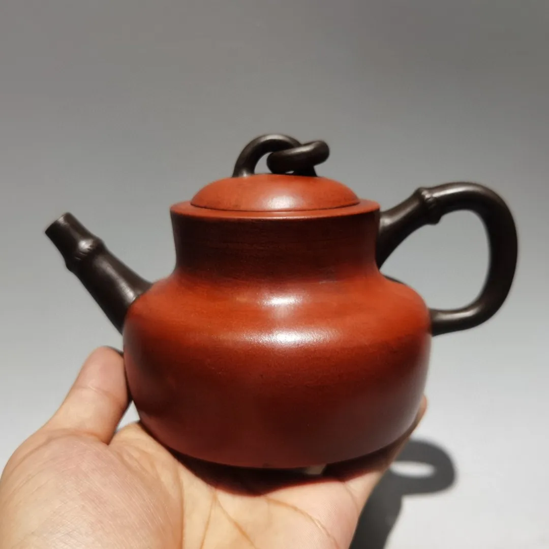 

7"Chinese Yixing Zisha Pottery Bamboo double ring pot belly pot kettle teapot flagon red mud office Ornaments Gather fortune