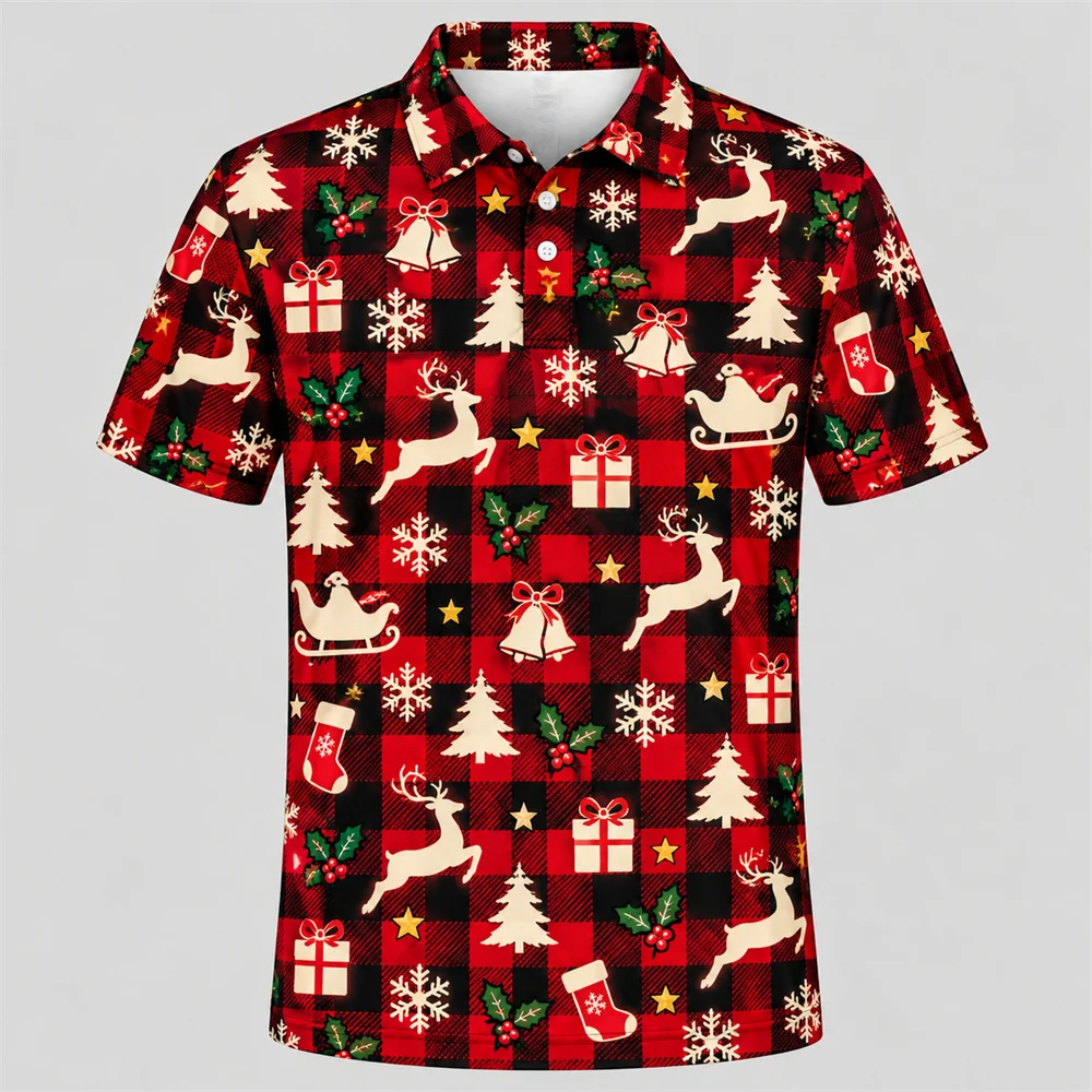 3D Neon Christmas Party Polo Shirt Men Short Sleeve Santa Snowman Candy Cane Print Holiday Casual Button Down Tops Xmas Gift