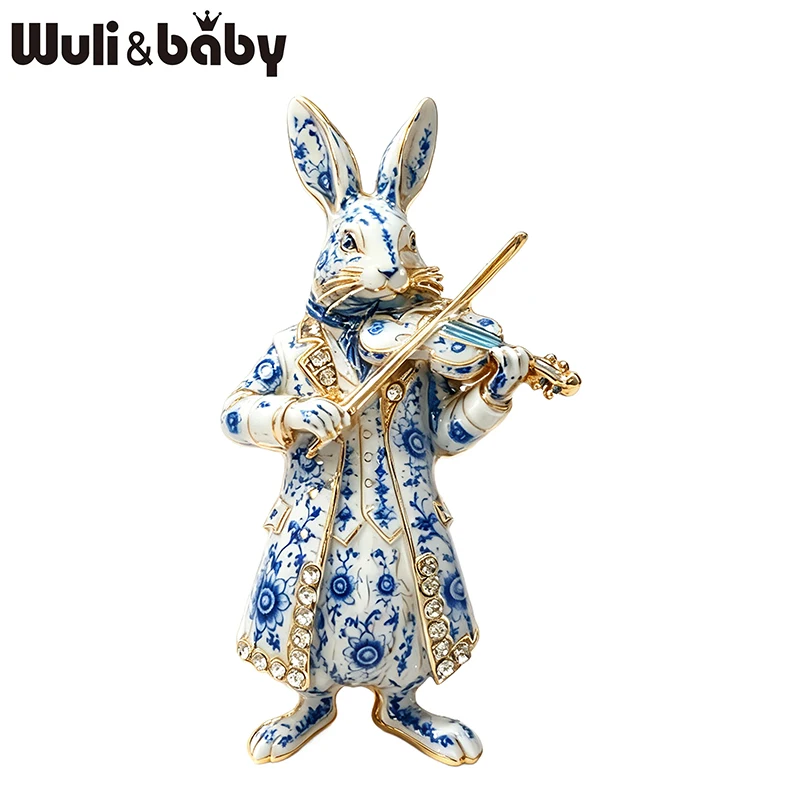 Wuli&baby Playing Violin Rabbit Brooches For Women Men 2-color Rhinestone Artist Bunny Animal Party Casual Brooch Pins Gifts