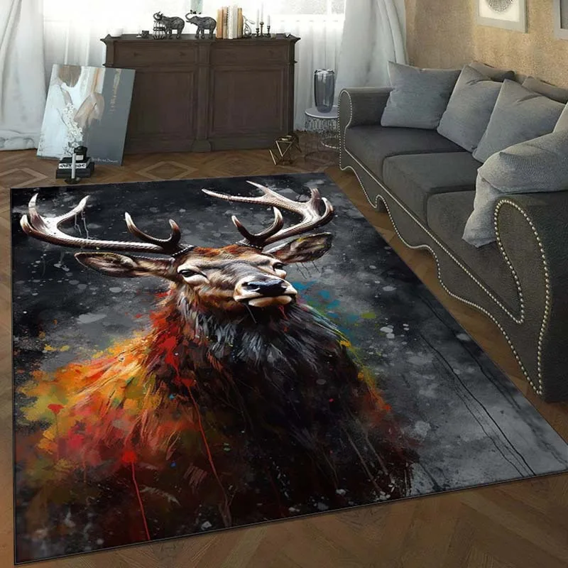 

Artistic Deer Rug for Rustic Living Rooms | Colorful Antler Print Carpet with Abstract Design | Nature-Themed Home Decor