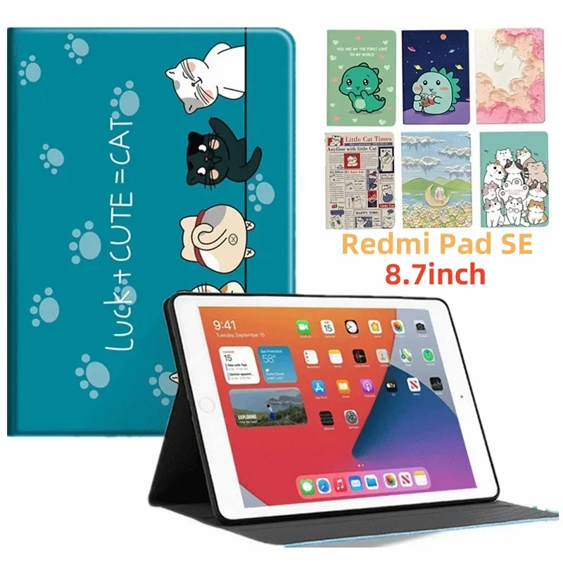 

Чехол для Xiaomi Redmi Pad SE 8,7 дюйма, чехол Cute Cat из искусственной кожи, мягкая задняя подставка для планшета, чехол для Redmi Pad SE 8 7 4g, чехол Funda