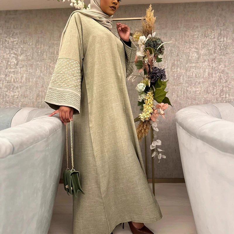 

Women Fashion Loose Muslim Cardigan Dress Casual Button Draped Solid Long Dress Elegant O-neck Embroidery Long Sleeve Robe Dress