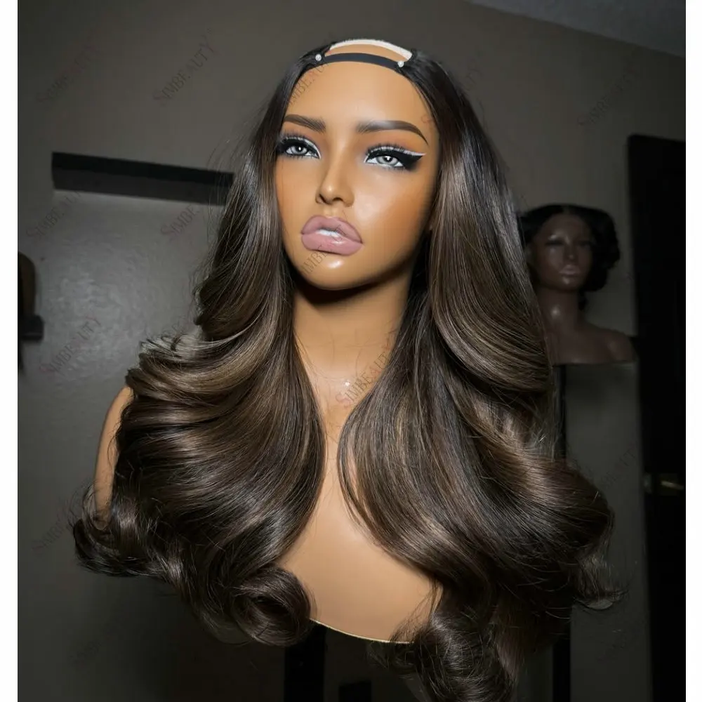 100 % Echthaar, 1x4-Größe, U-Part-Perücken mit Clips, klebefrei, aschbraun, mit Highlights, lockere Wellen, V-Part-Perücken für Damen, einfach zu tragen – Detail 2