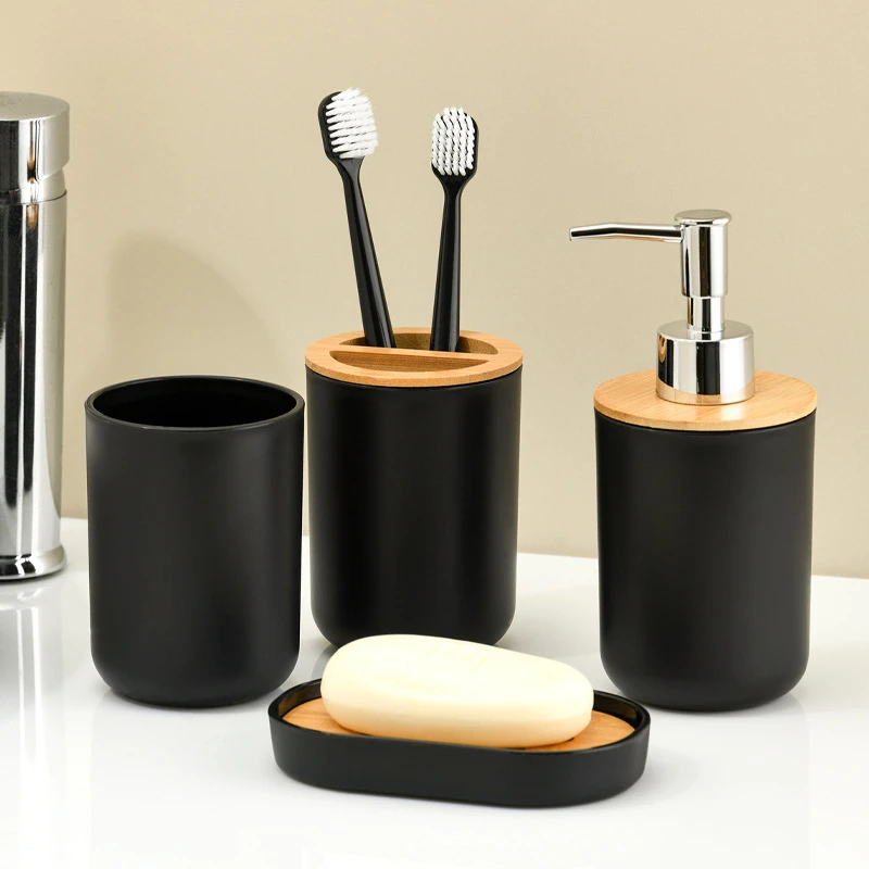 4pcs Bathroom Set Hands Soap Dispenser Toothbrush Holder Soap Box Rinsing Cup Bathroom Accessories Home Supplies