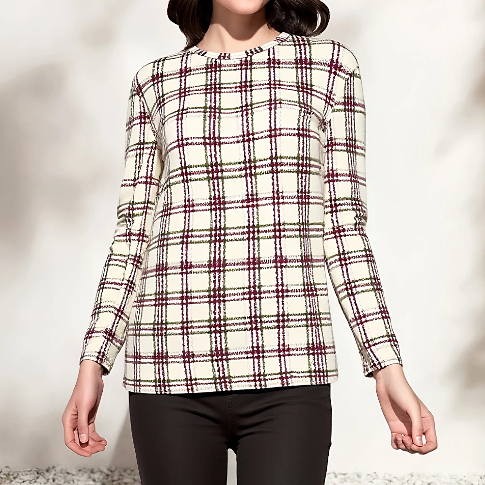 

Mia Muse Women's T-Shirt Autumn Simple 2025 Checked Pattern Crew Neck Long Sleeve Regular Length Regular Fit Daily T-Shirt
