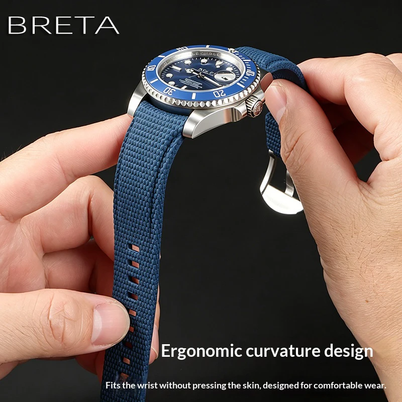 22mm Nylon Grain Fluoro Rubber Curved End Watch Band Fit for Breitling Chronomat Avenger Longines HydroConquest Montblanc Union view 4