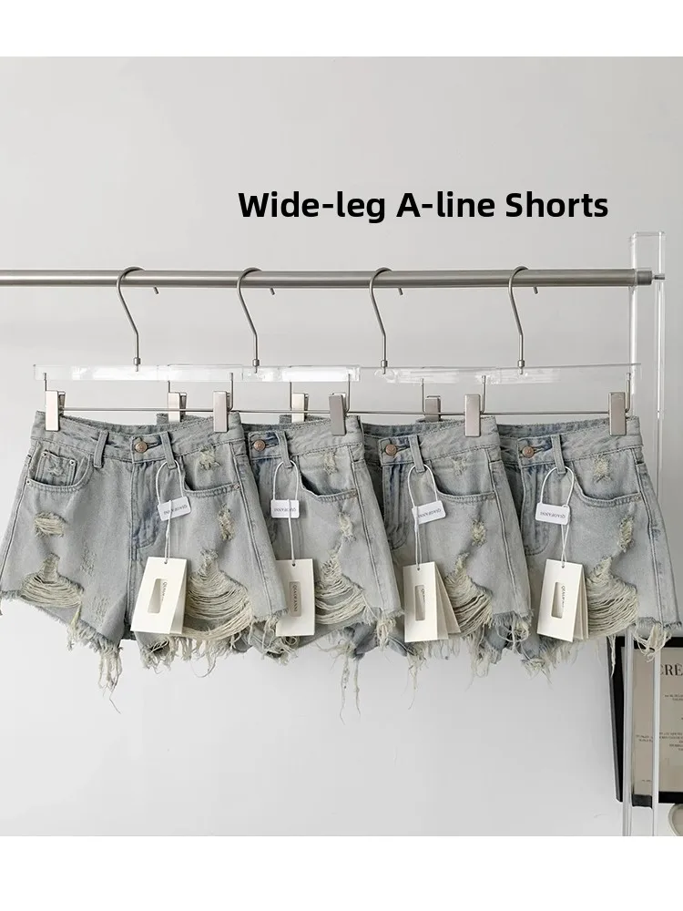 

Ripped Denim orts Women's Summer 2026 Loose Slimming Wide Leg A-Line Hot Pants High Waist Zipper Closure Casual Jeans