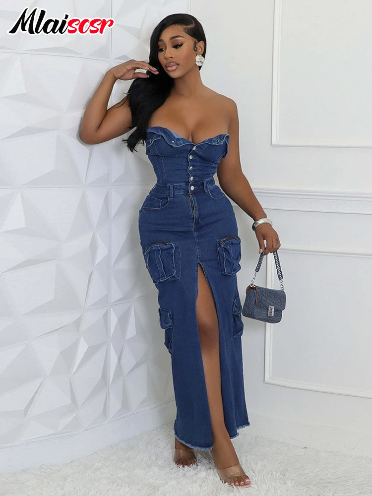 Mlaiscsr Off Shoulder Button 3D Pocket Blue Denim Dress Women Strapless Sleeveless High Spliced Jean Cargo Dresses Birthday Club