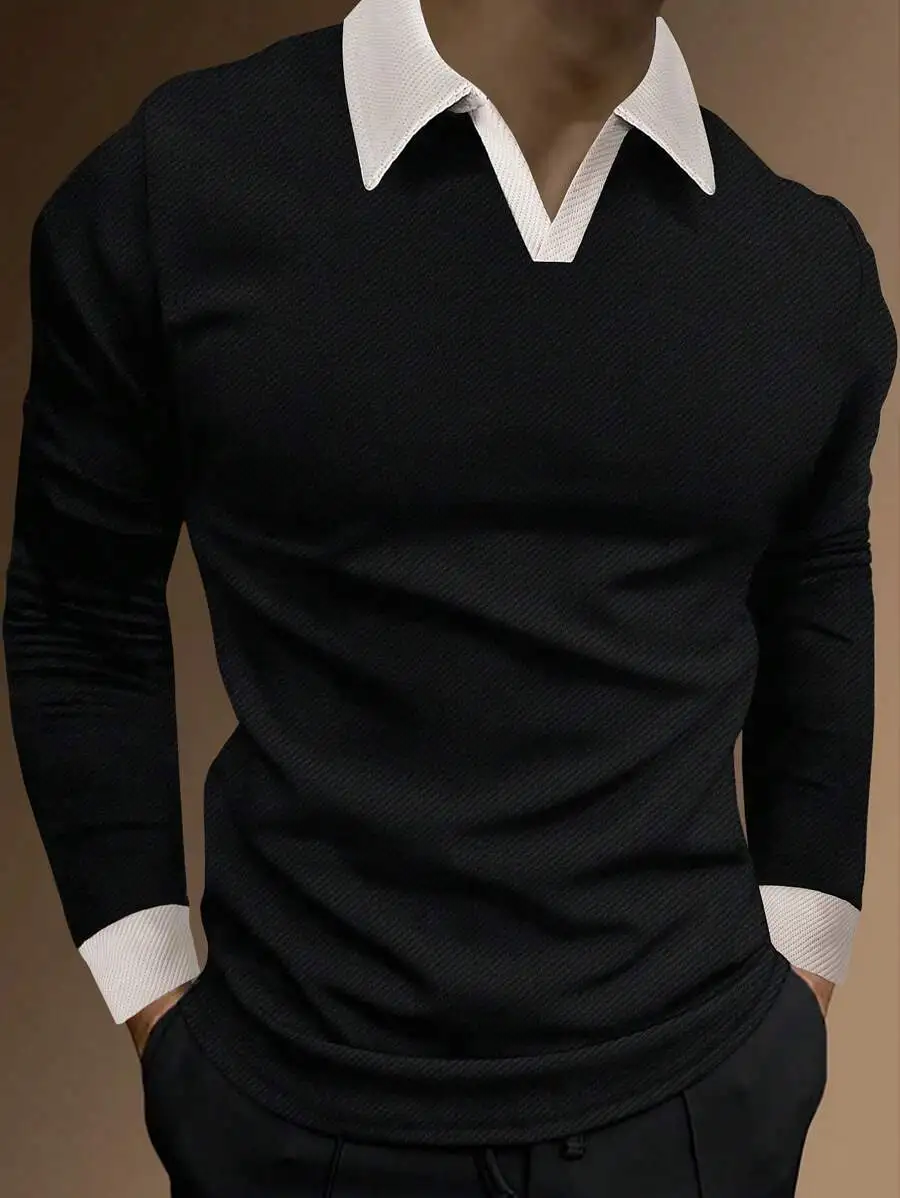 

Men's Black Long Sleeve Contrast Collar Polo Shirt, Casual Smart Fit for Daily Wear