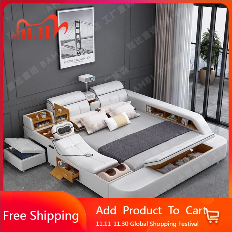 

Beauty European Bed Simple Tatami Portable Multifunctional Children Mobile Bed Leather Double Wood Muebles Modern Furniture