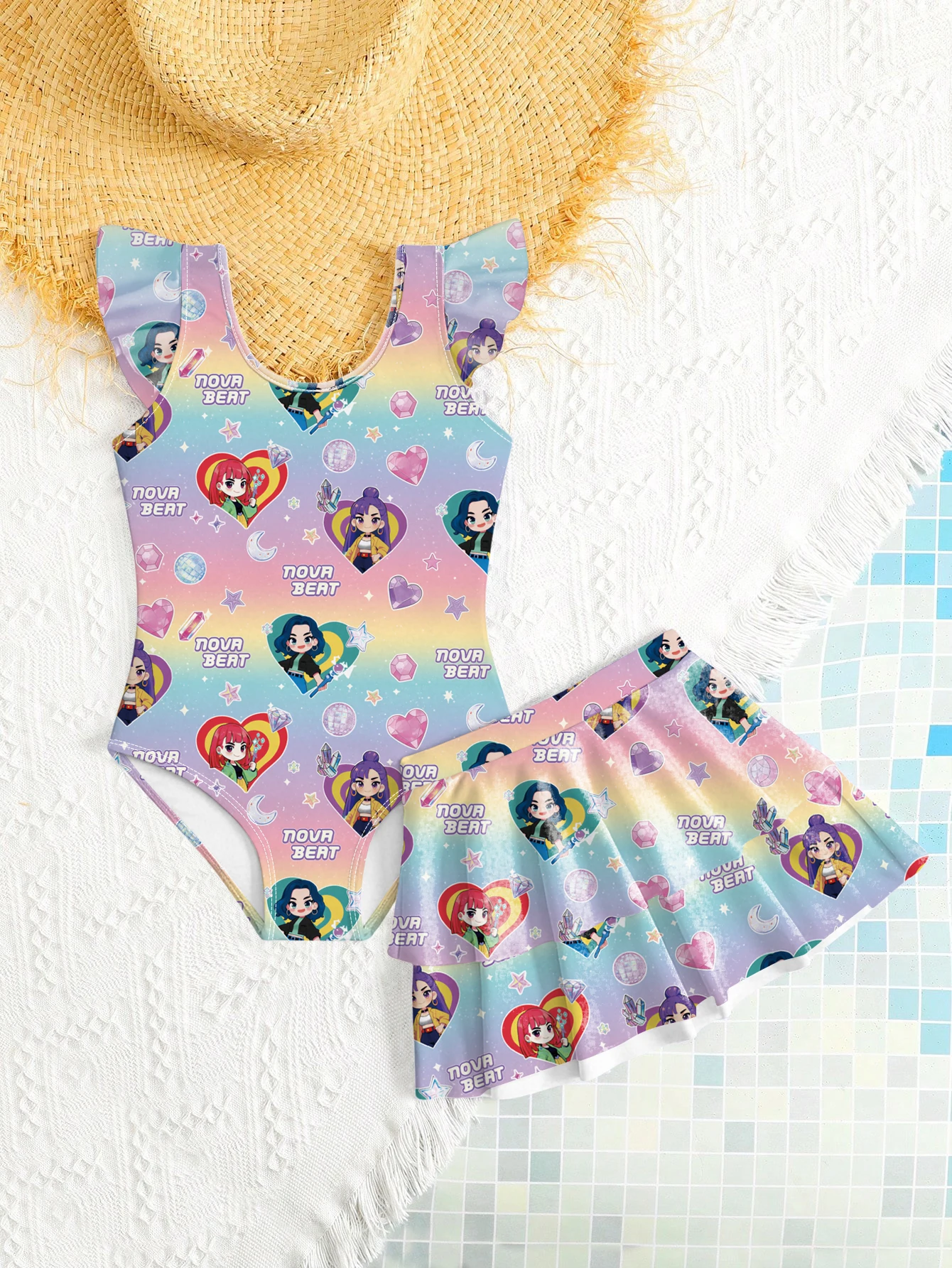 Comfy Kids Girls Two Piece Swim Outfit, U Neck Ruffle Shoulder Ombre Rainbow Q Cartoon Girl Printed One Piece Swimsuit & Tiered