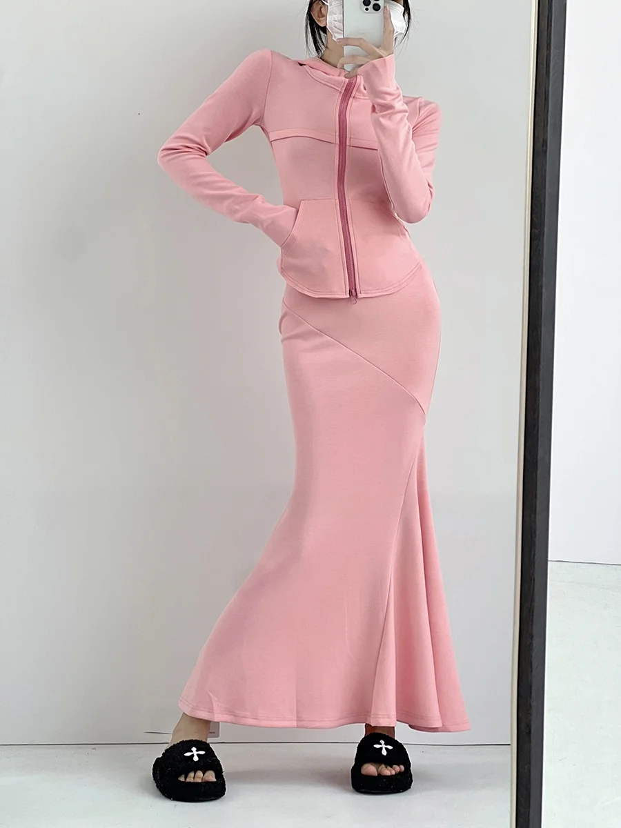 

Женский комплект свитшотов с капюшоном Spicy Girl, уличный комплект премиум-класса, весна-осень, длинная юбка с длинным хвостом, комплект из двух предметов, моющийся